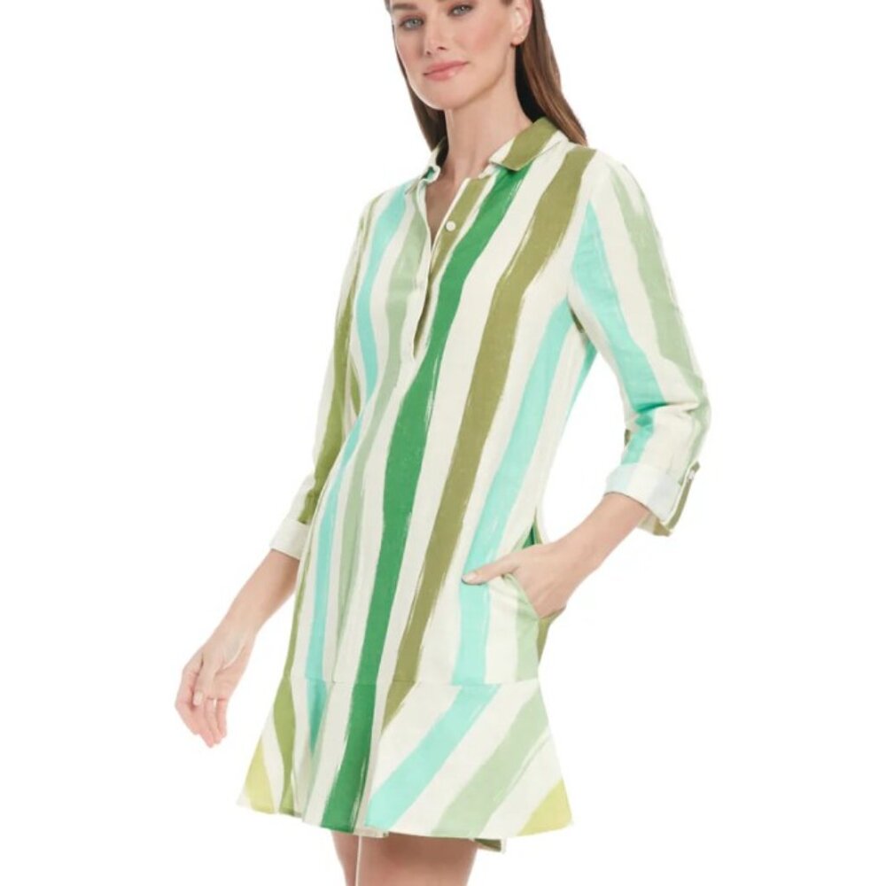 Maggy London Dress PXL Ivory Seafoam Tessa Full Shirt Dress With Flounce‎